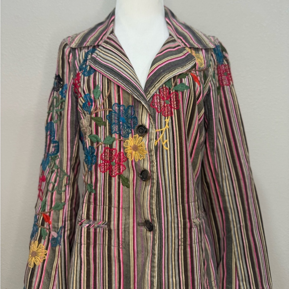 Johnny Was Striped Floral Embroidered Jacket